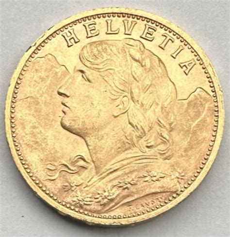 At Auction 1927 B SWISS 20 FRANC HELVETIA GOLD COIN