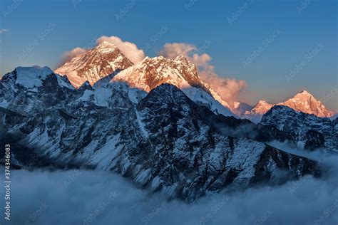 Mount Everest In Clouds Ocean Everest And Makalu Mountains View From