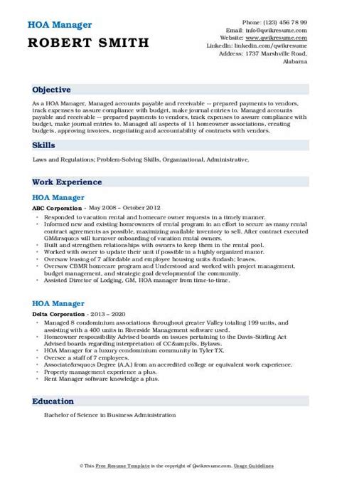 Hoa Manager Resume Samples Qwikresume