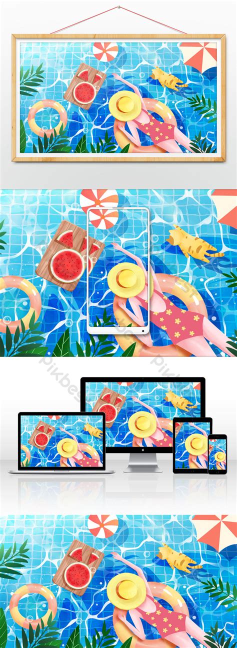 Cartoon Cool Summer Swimming Pool Girl Heat Background Image ...