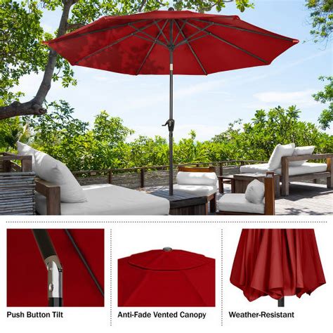 Outdoor Patio Umbrella With Auto Tilt 10 Ft Easy Crank With Vented Canopy Red