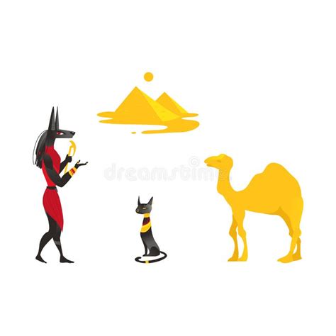 Egypt Symbols Anubis Black Cat Camel Pyramids Stock Vector