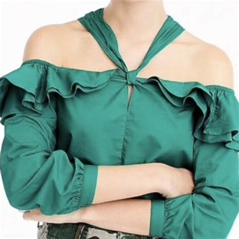 J Crew Tops J Crew Green Off Shoulder Ruffle Halter Neck Tie Top Blouse Size 6 New Poshmark