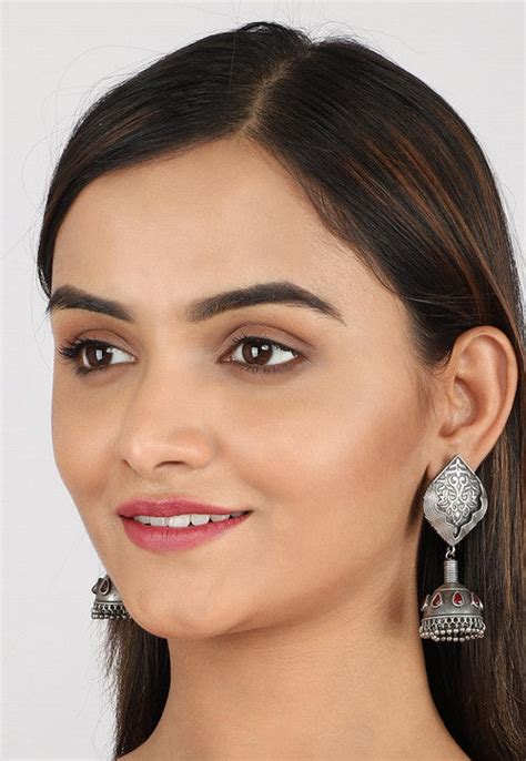 Silver Look Alike Stone Studded Jhumka Style Earrings Jtu