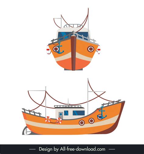 Fishing Boat Icons Orange Front View Side View Outline Vectors Images