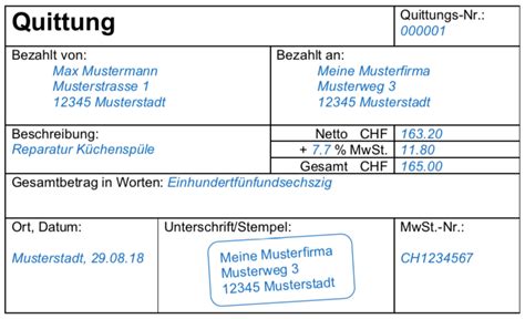 Quittung Vorlage für Schweiz gratis herunterladen bexio