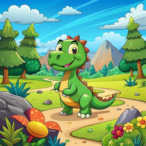 Una caricatura de un dinosaurio con una montaña en el fondo Vector