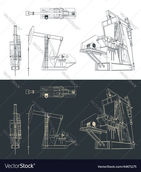 Oil pump jack blueprints Royalty Free Vector Image