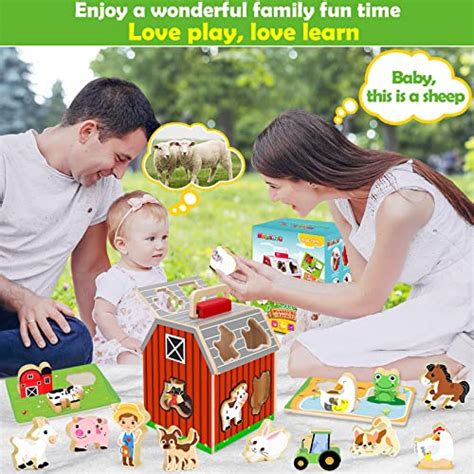 Wooden Farm Animals Toy for Kids, Take-Along Sorting & Stacking Barn ...