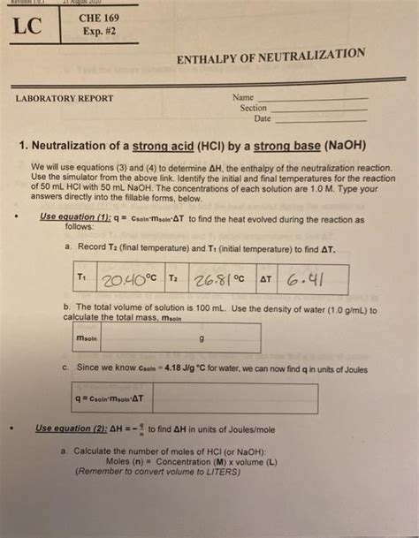 Solved Che Lc Exp Enthalpy Of Neutralization Chegg