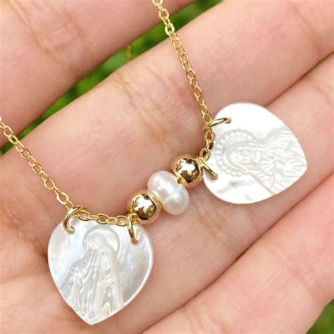 Mother Of Pearl Scapular Necklace Escapulario Miraculous Medal Sacred