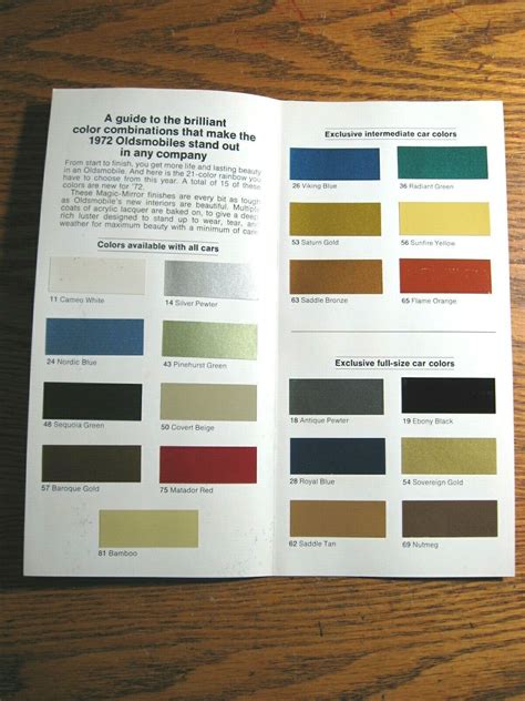 1972 Oldsmobile Color Paint Chip Selector Brochure Sales Brochures