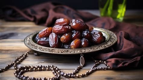 Dates Fruit And Rosary On White Wooden Table The Muslim Feast Of The