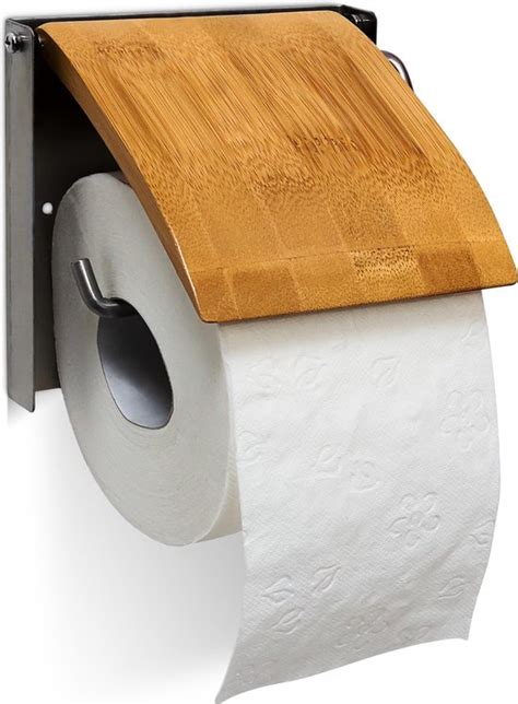 Relaxdays Wc Rolhouder Met Klep Toiletrolhouder Bamboe