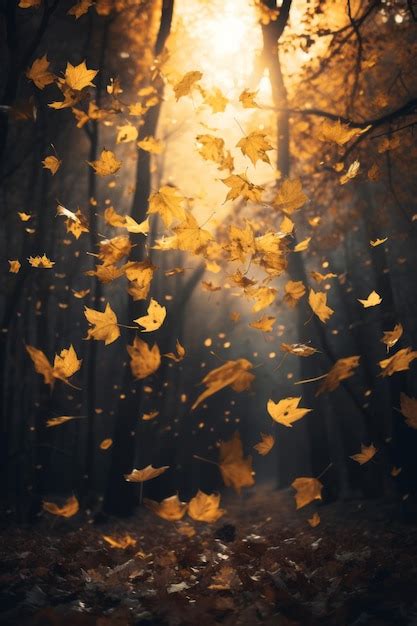 Premium Photo | Autumn leaves blowing in the wind in a forest