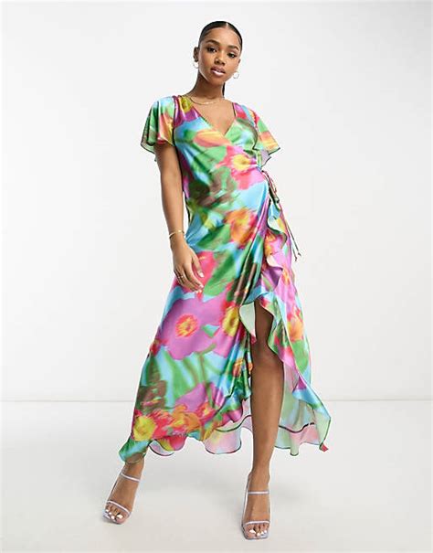 Asos Design Frill Detail Wrap Maxi Satin Dress In Large Bold Floral