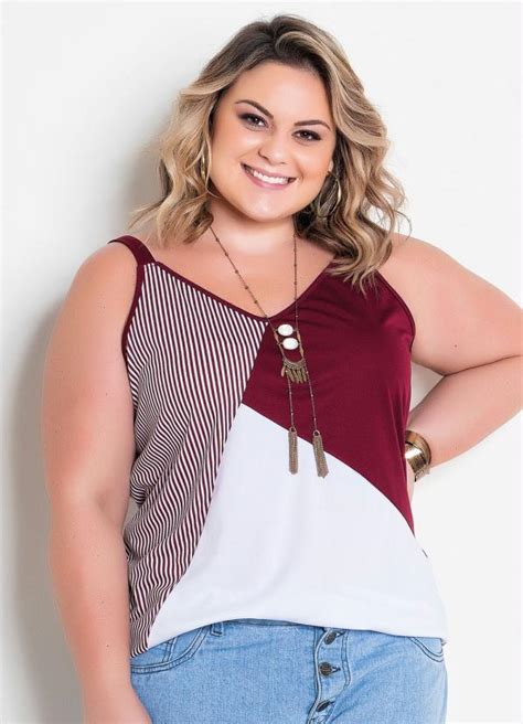 Blusa de Alças Plus Size Listrada Bordô Marguerite