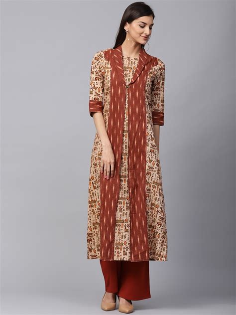 Buy Jaipur Kurti Women Beige And Burgundy Printed Layered A Line Kurta