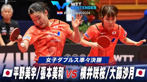 【準々決勝】平野美宇張本美和 Vs 横井咲桜大藤沙月｜wttコンテンダーザグレブ2024 女子ダブルス Youtube