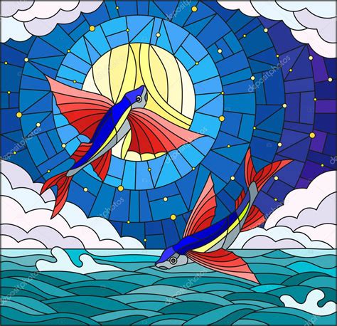 Ilustración en estilo vitral con un par de peces voladores en el fondo