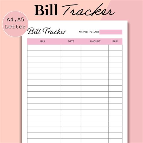 Bill Tracker Printable Monthly Bill Organizer A4 A5 Etsy Australia