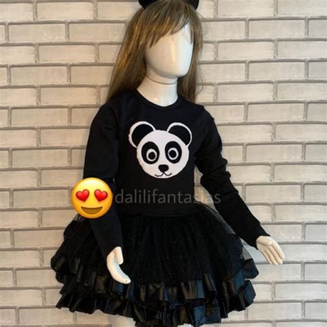 FANTASIA URSO PANDA SAIA TULE PRETA BRILHO BLUSA MANGA LUXO