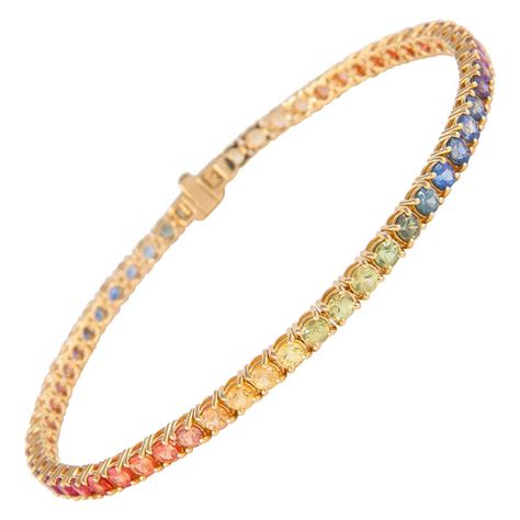 Rainbow Sapphire In Line Tennis Bracelet 18k Yellow Gold For Sale At