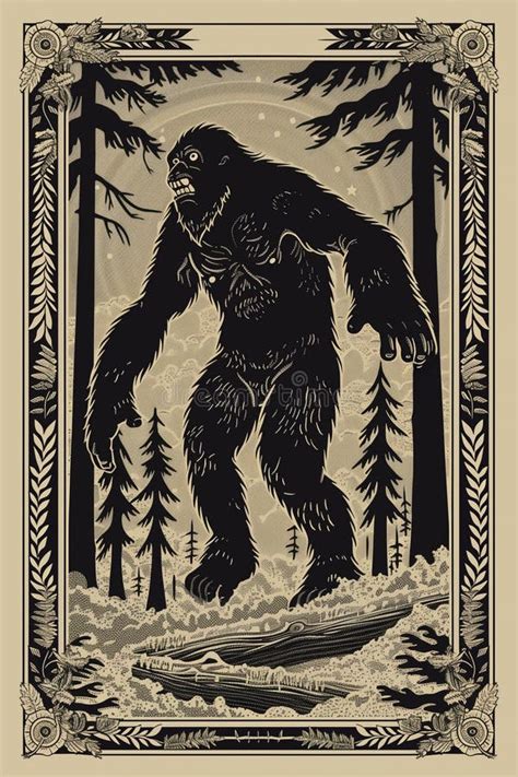 Bigfoot Poster Cryptid Art Sasquatch Card Illustration Stock