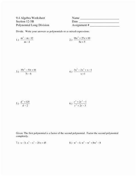 Synthetic Division Worksheet