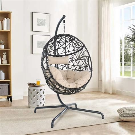 Iwicker Patio Wicker Hanging Egg Chair Outdoor Rattan Swing Chair With