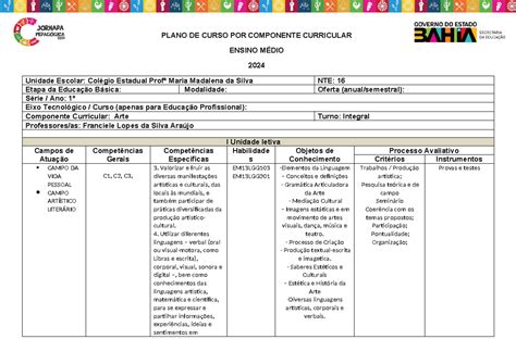 Plano De Curso 2024 - Plano de Curso de Arte - 1º Ano - Ensino Médio - 2024 - Studocu
