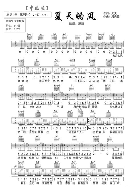 夏天的风吉他谱 温岚 C调吉他弹唱谱 琴谱网