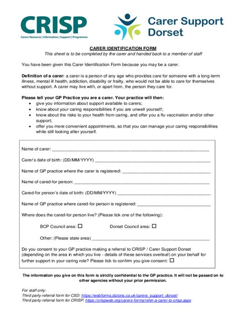 Fillable Online Carer Identification Form This Sheet Is To Be Fax