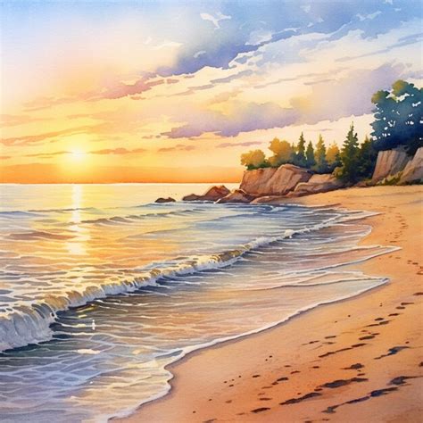 Premium AI Image | A painting of a beach with a sunset in the background.