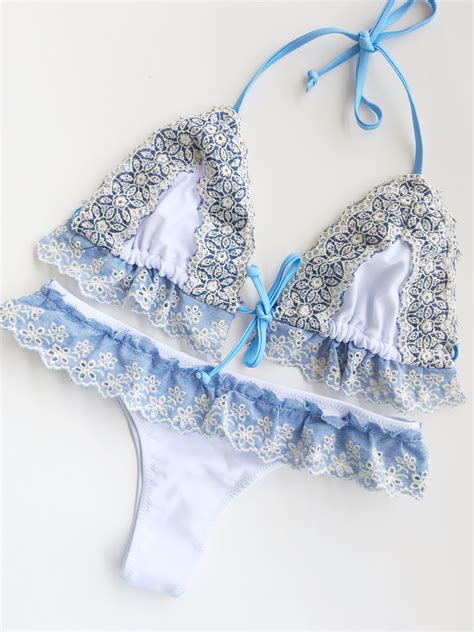 White Denim Ruffles Two Piece Bikini Set In 2020 Bikinis White Bikini Set Bikini Set