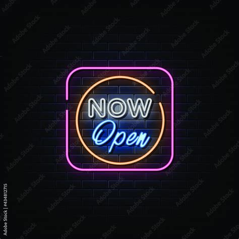 Now open neon sign, neon symbol Stock Vector | Adobe Stock