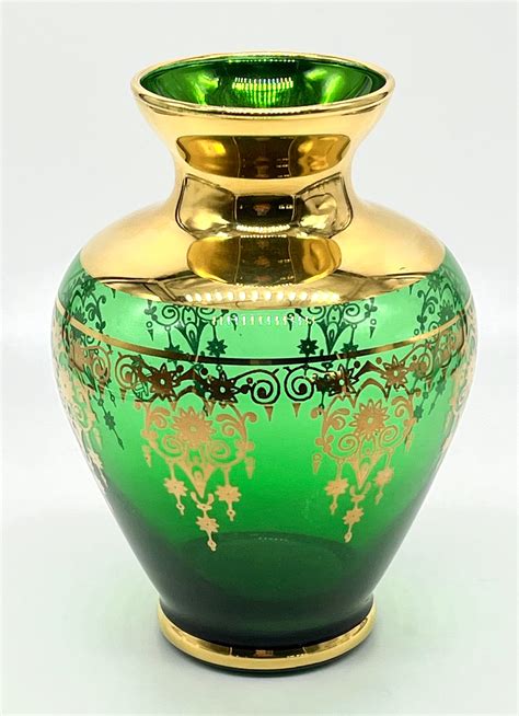 Vecchia Murano Glass Vase Emerald Green W 24k Brushed Gold 5in Vintage