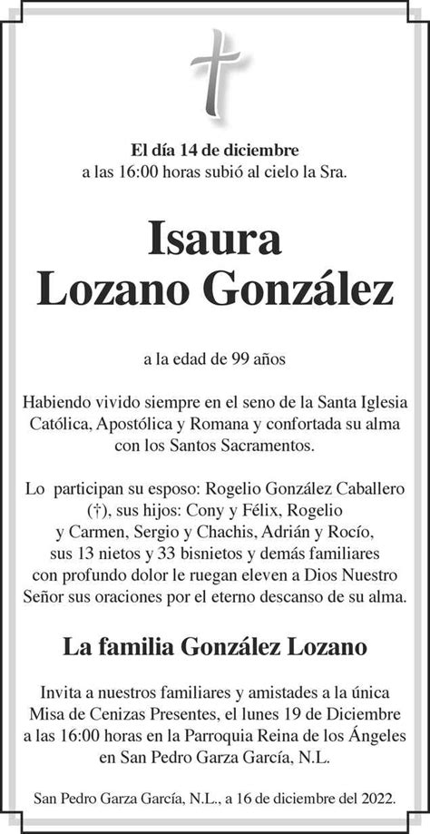 Sra Isaura Lozano de González Obituario Esquela