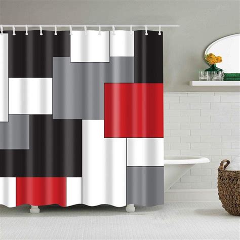 Black Grey Red White Geometry Pattern Digital Print Shower Curtain For