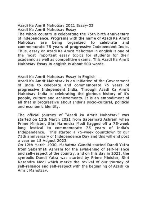 Azadi Ka Amrit Mahotsav 2021 Essay 02 Pdf