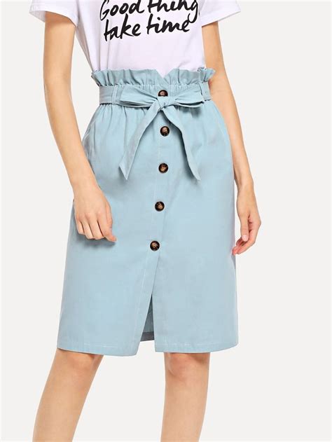 Shein Paperbag Waist Button Detail Self Belted Skirt Split Skirt