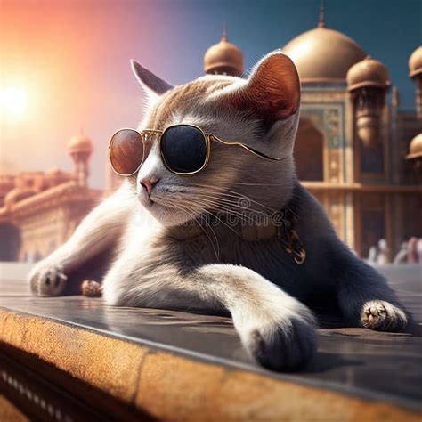 A Cat With Fashion Sunglasses Travel To India Generative Ai Stock Image