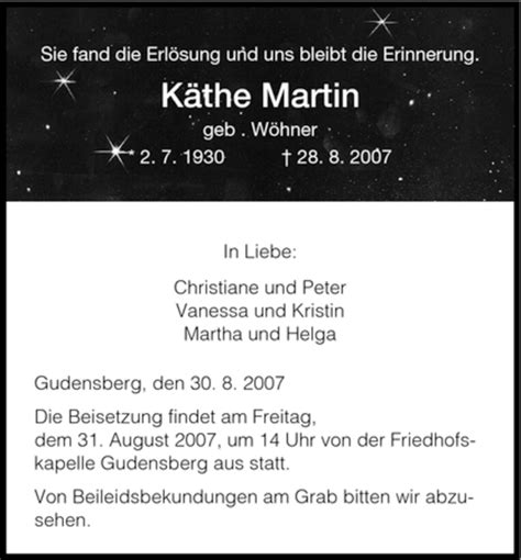 Traueranzeigen Von Kaethe Martin Trauer Hna De