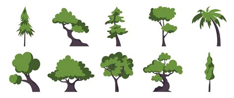 Set Of Cartoon Trees Vector Simple Modern Style Flat Forest Jungle