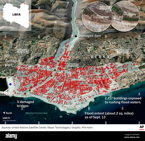 Map shows the flood damage extent in Derna, Libya Stock Photo - Alamy