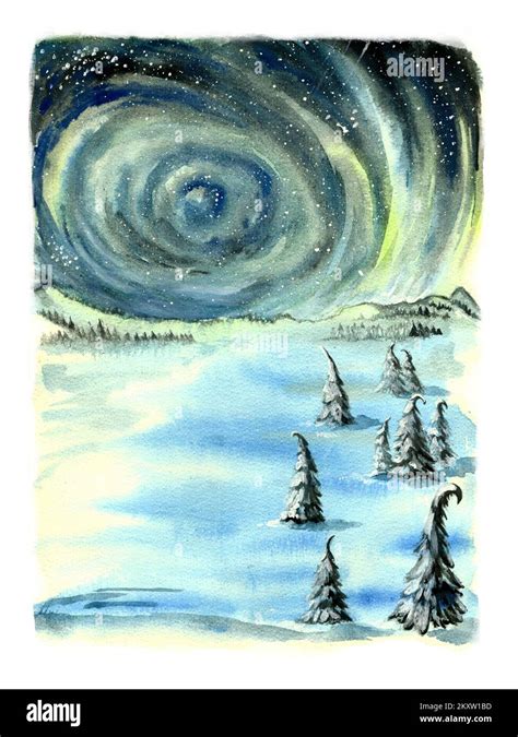 Night winter watercolor landscape. Northern Lights in winter in the ...