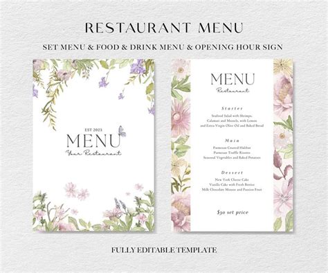 Floral Restaurant Menu Template Bundle Minimal Menu Editable Template
