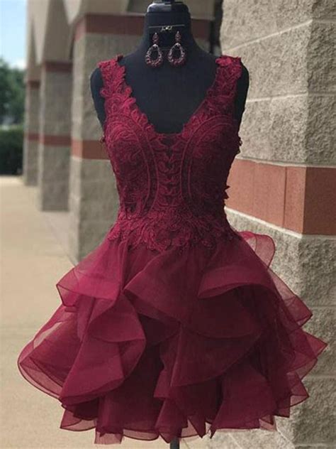 Burgundy Lace Cute Homecoming Dresses Burgundy Lace Short Prom Dresse