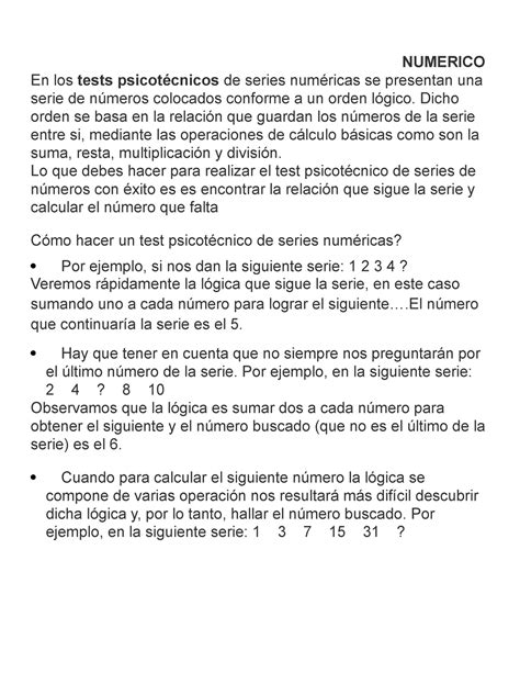 Test psicotécnico secuencias numéricas NUMERICO En los tests