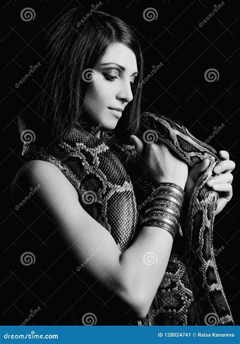 Brunette Holding Python Stock Image Image Of Attractive